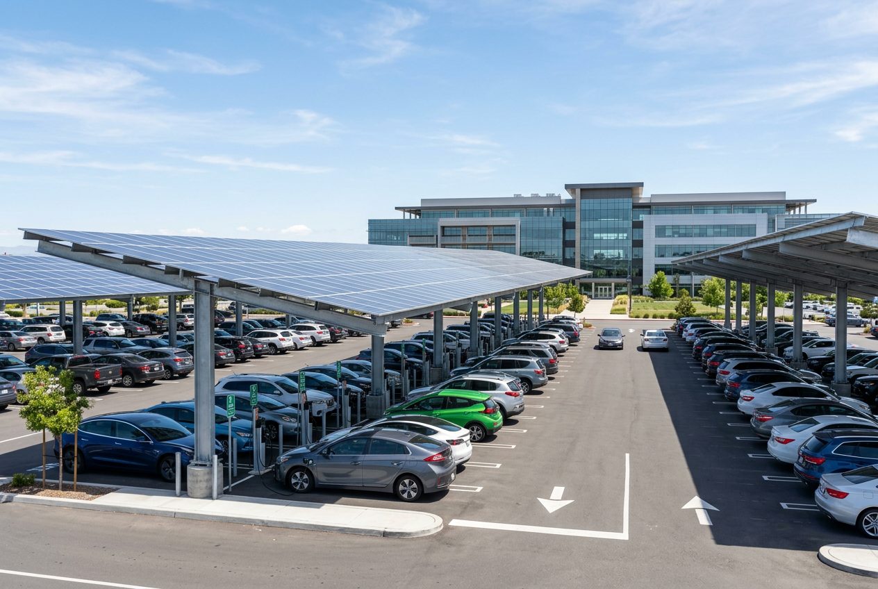 Car park covered with solar canopies