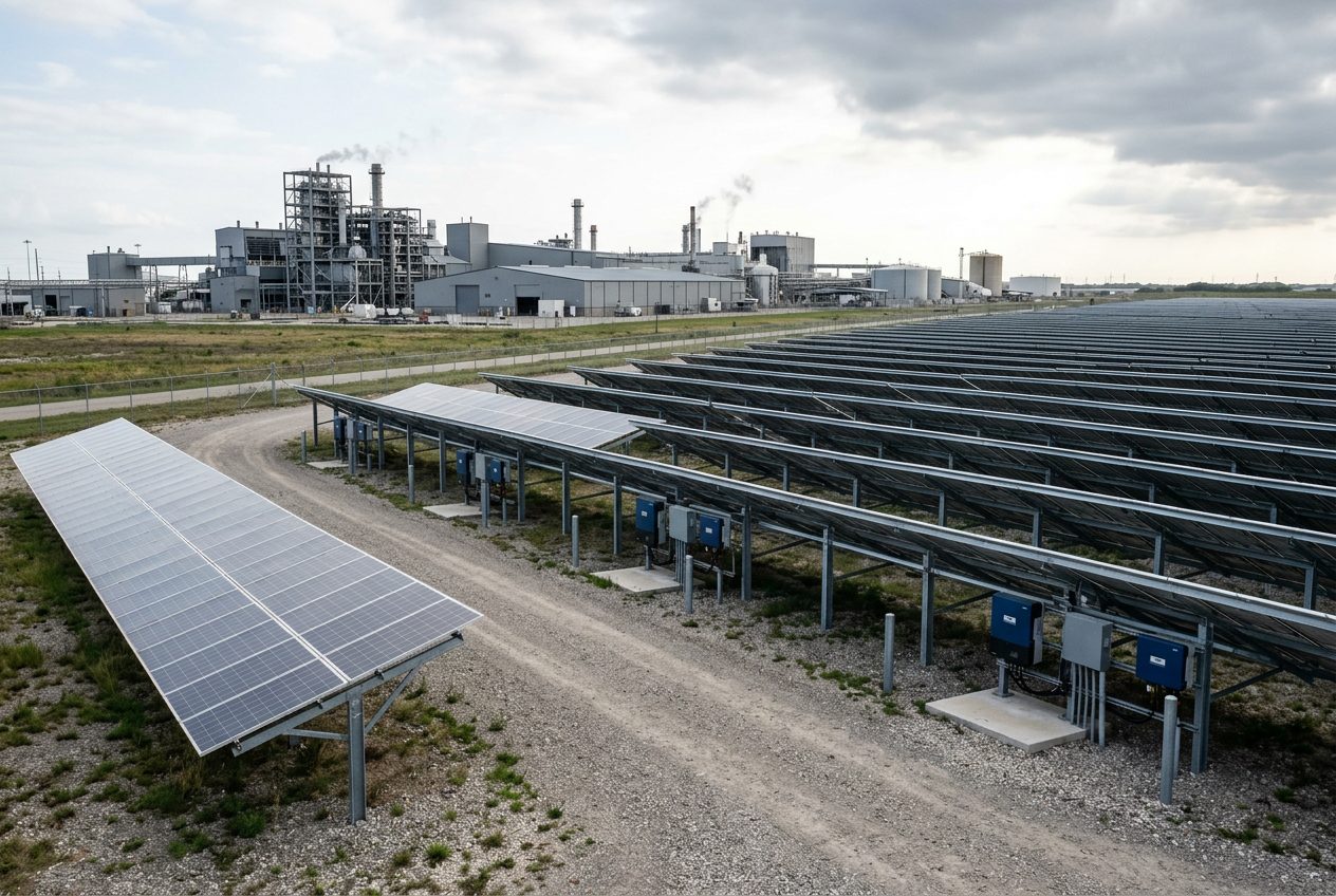 Ground-mounted solar array beside an industrial plant