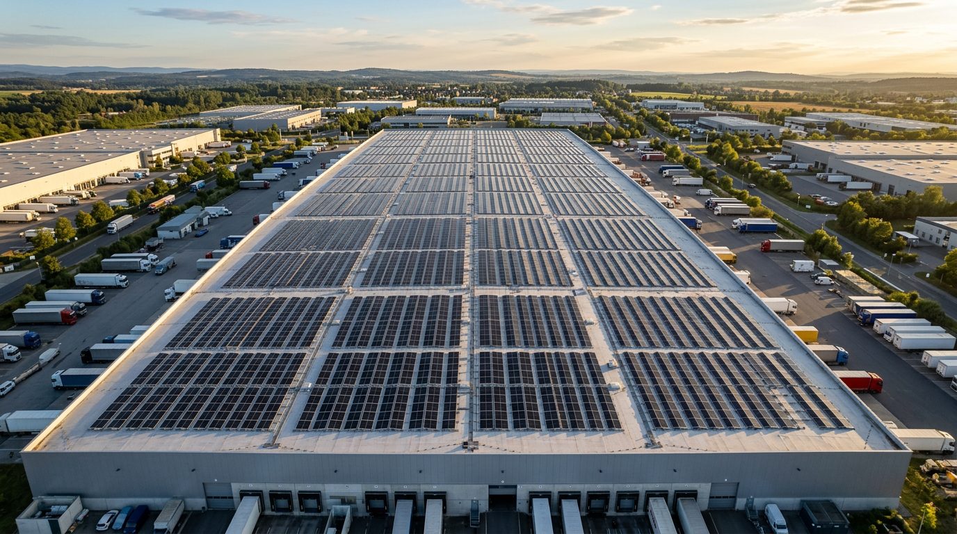 Warehouse roof covered with solar panels