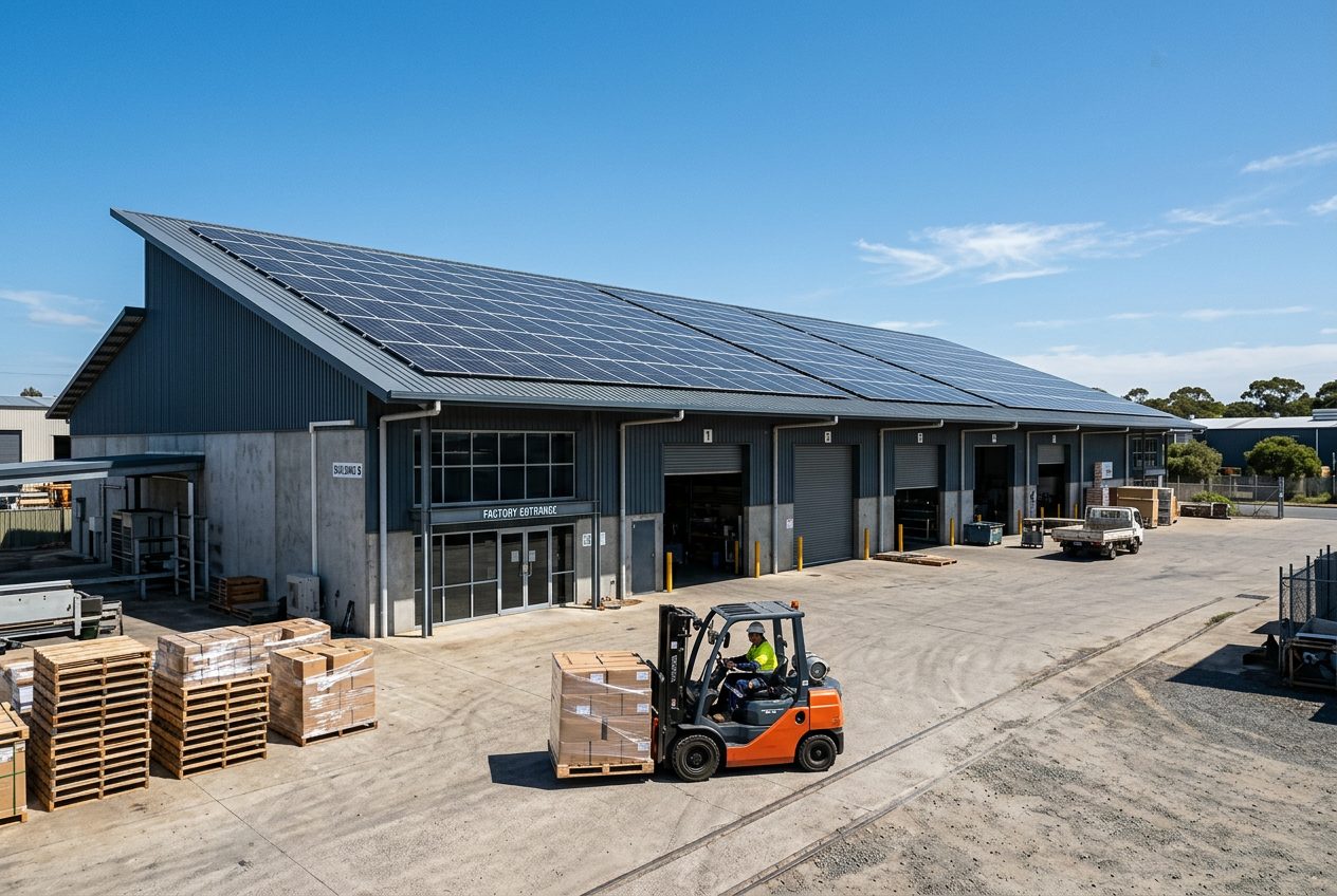 Factory with a metal roof covered in solar panels