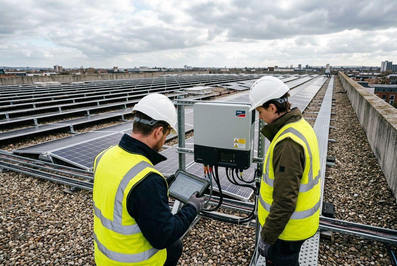 Two NEOSUN engineers commissioning an inverter on a flat roof